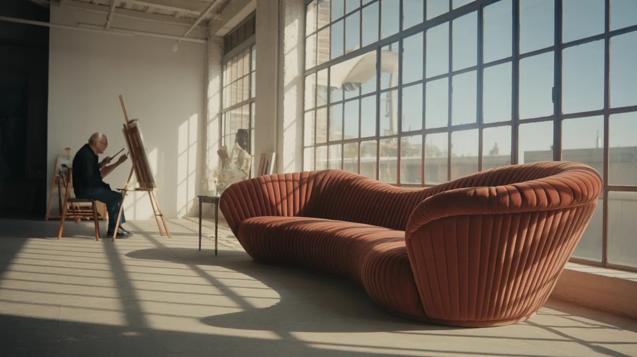 A vast, minimalist artist loft with a geometric terracotta sofa. A senior is painting by a large window, with harsh sunlight creating strong shadows.