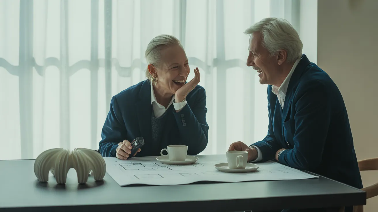 An elderly couple joyfully reviews architectural blueprints at a modern kitchen table featuring a unique 3D-printed coffee pot.