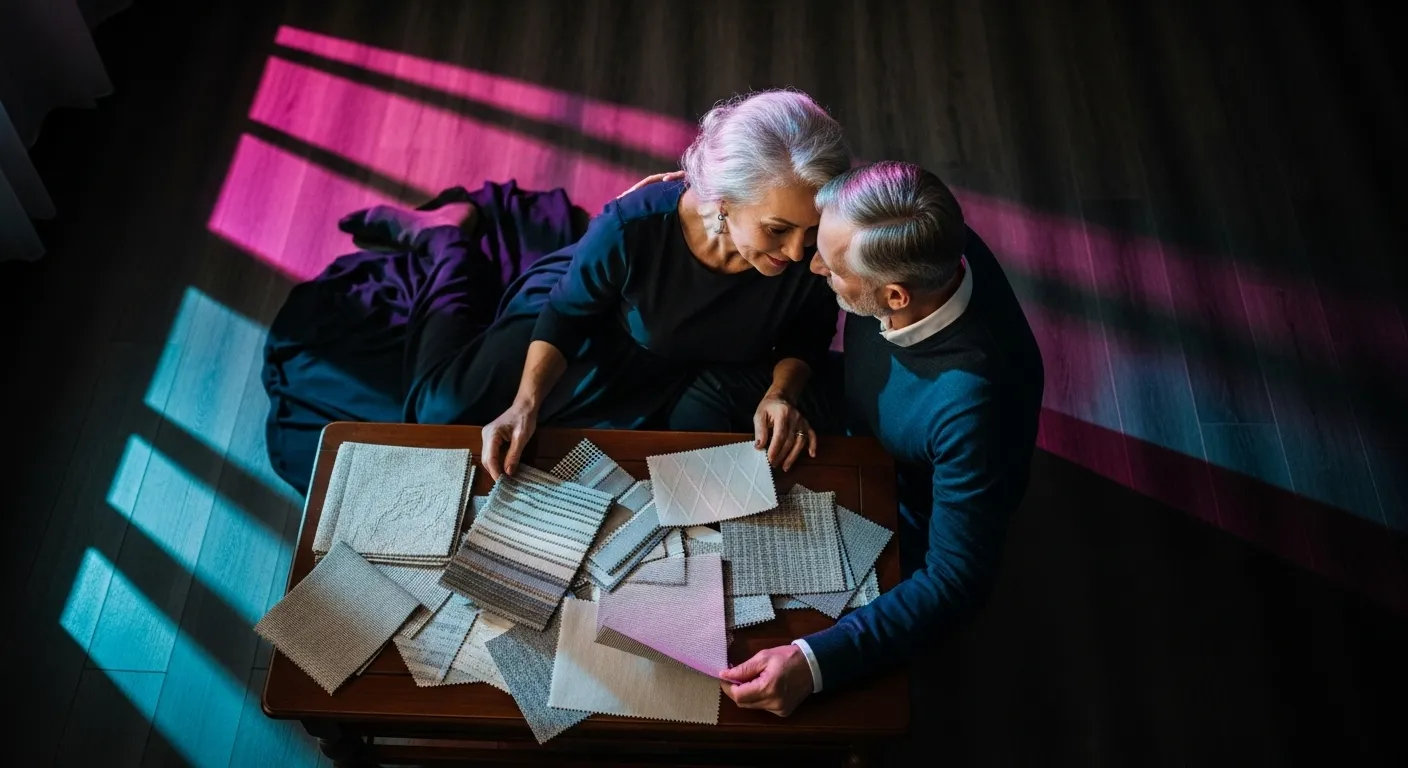 Top-down view of an older couple choosing fabric swatches on a coffee table at night, with dramatic neon light from outside filling the room.