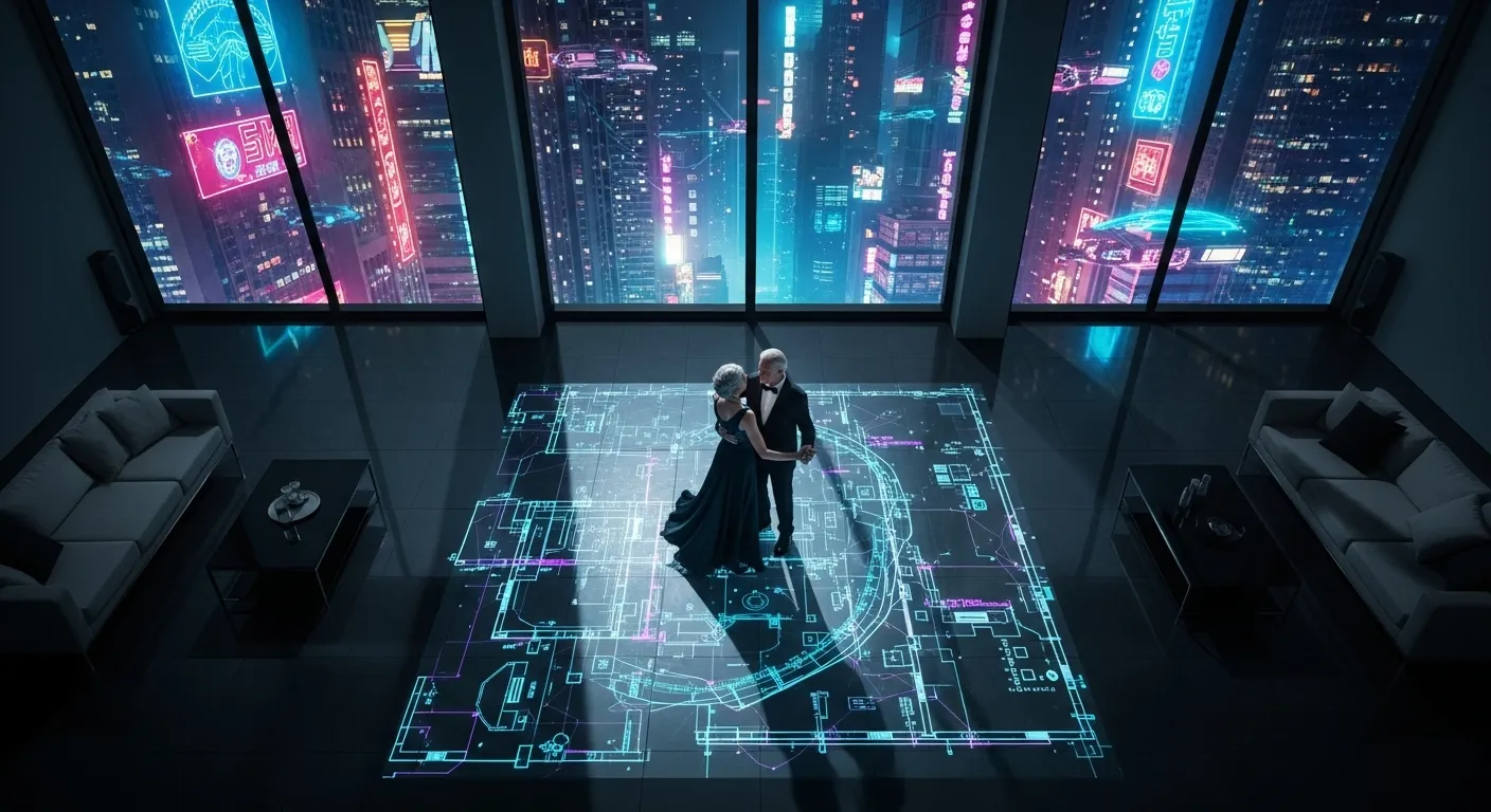 A wide overhead view of an older couple dancing in a dark, modern living room, their forms illuminated by a glowing floor pattern and exterior neon li