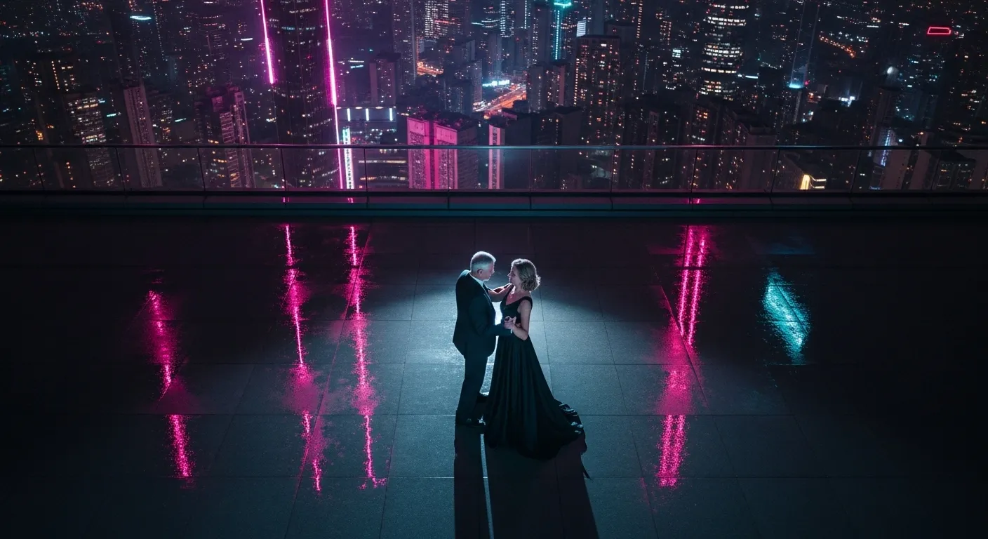 A top-down aerial photo of an older couple dancing alone on a wet rooftop at night, surrounded by the colorful glow of city neon lights.