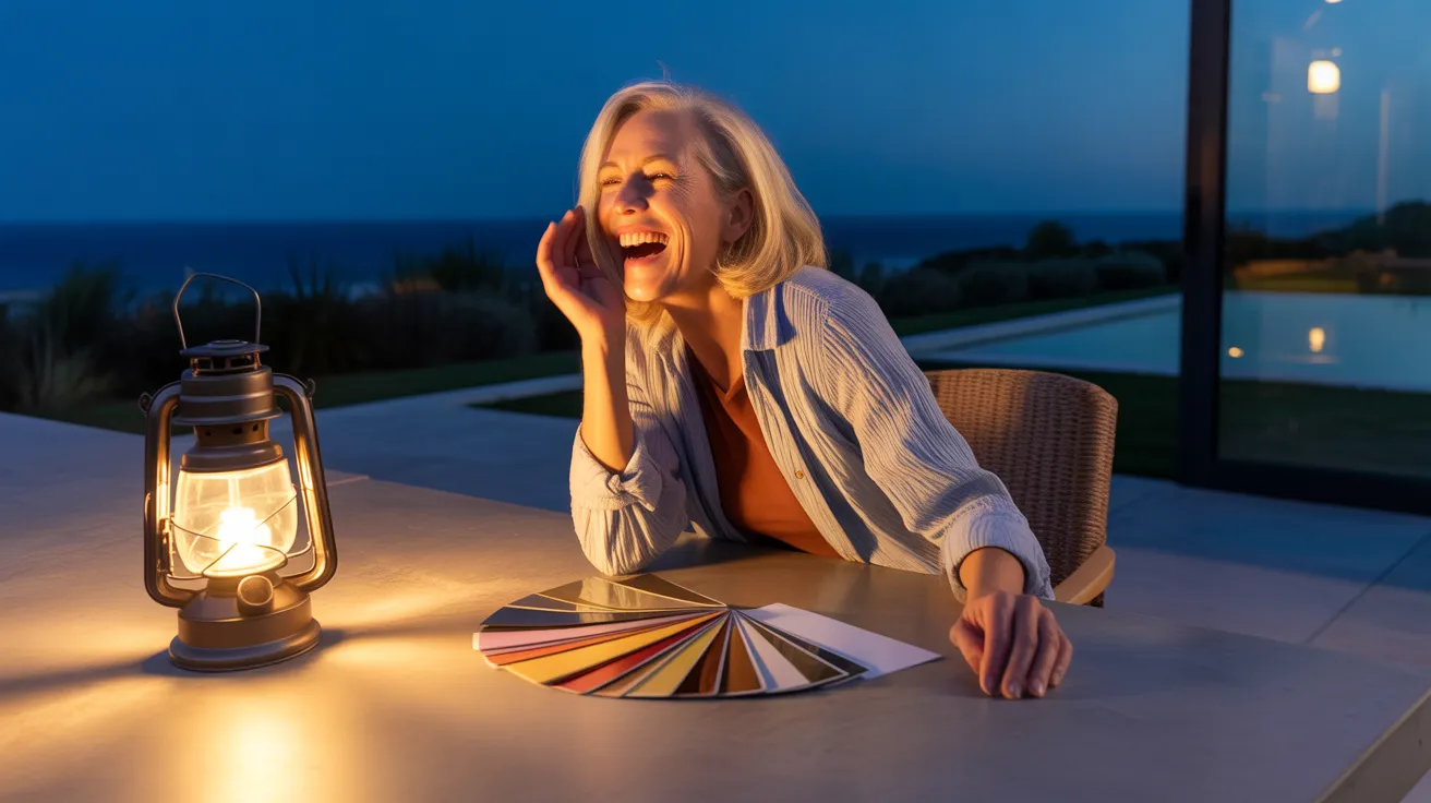 A senior woman in chic loungewear laughs with delight while working on a design mood board on her modern, moonlit patio at night.
