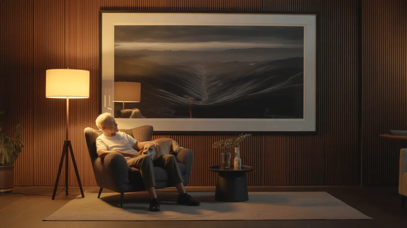 A senior and their dog relaxing in an armchair in a warmly lit, modern living room, with a large, personal black-and-white photograph on the wall.