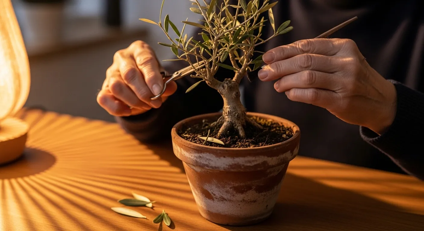 A close-up on the weathered hands of an elderly person gently pruning the leaves of a small olive tree plant under warm lamplight.