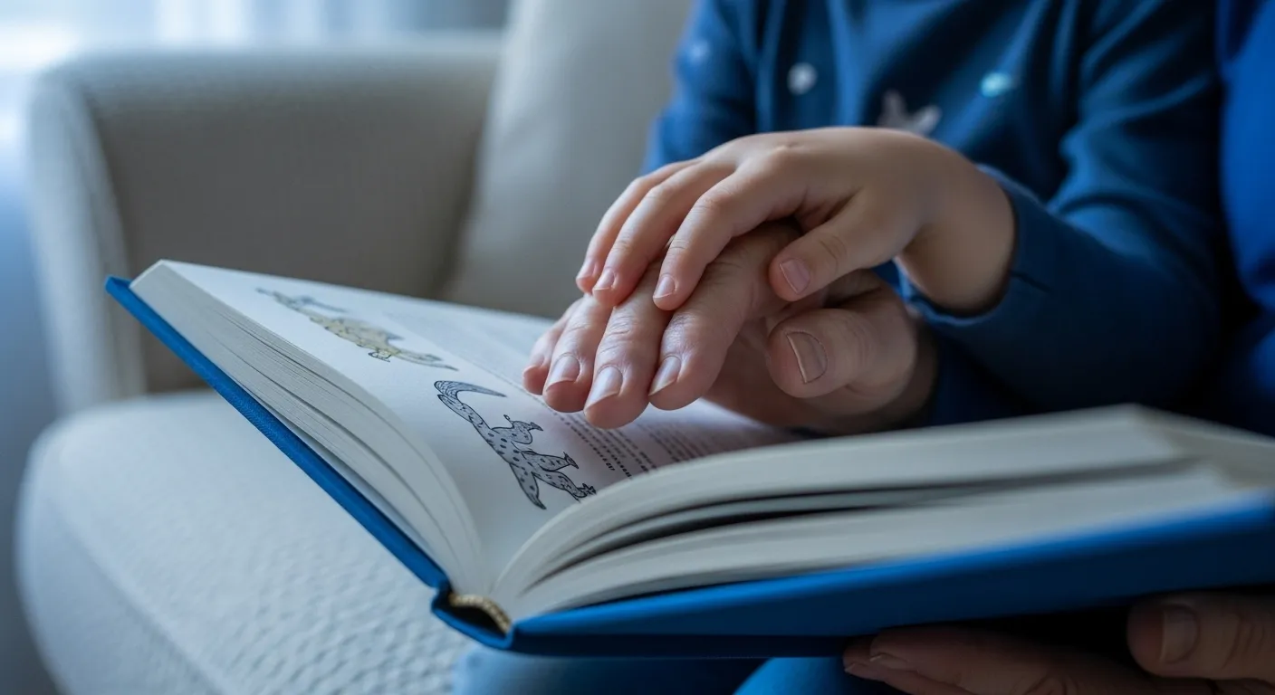 A macro shot of a child's hand and a grandparent's hand together on a book. The background is a soft, textured sofa in dim light.