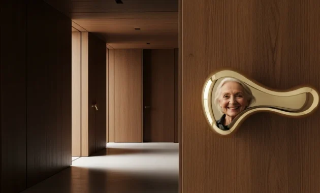 A wide view of a modern entryway where a large, polished brass door handle reflects the soft-focus, smiling face of an elderly person.