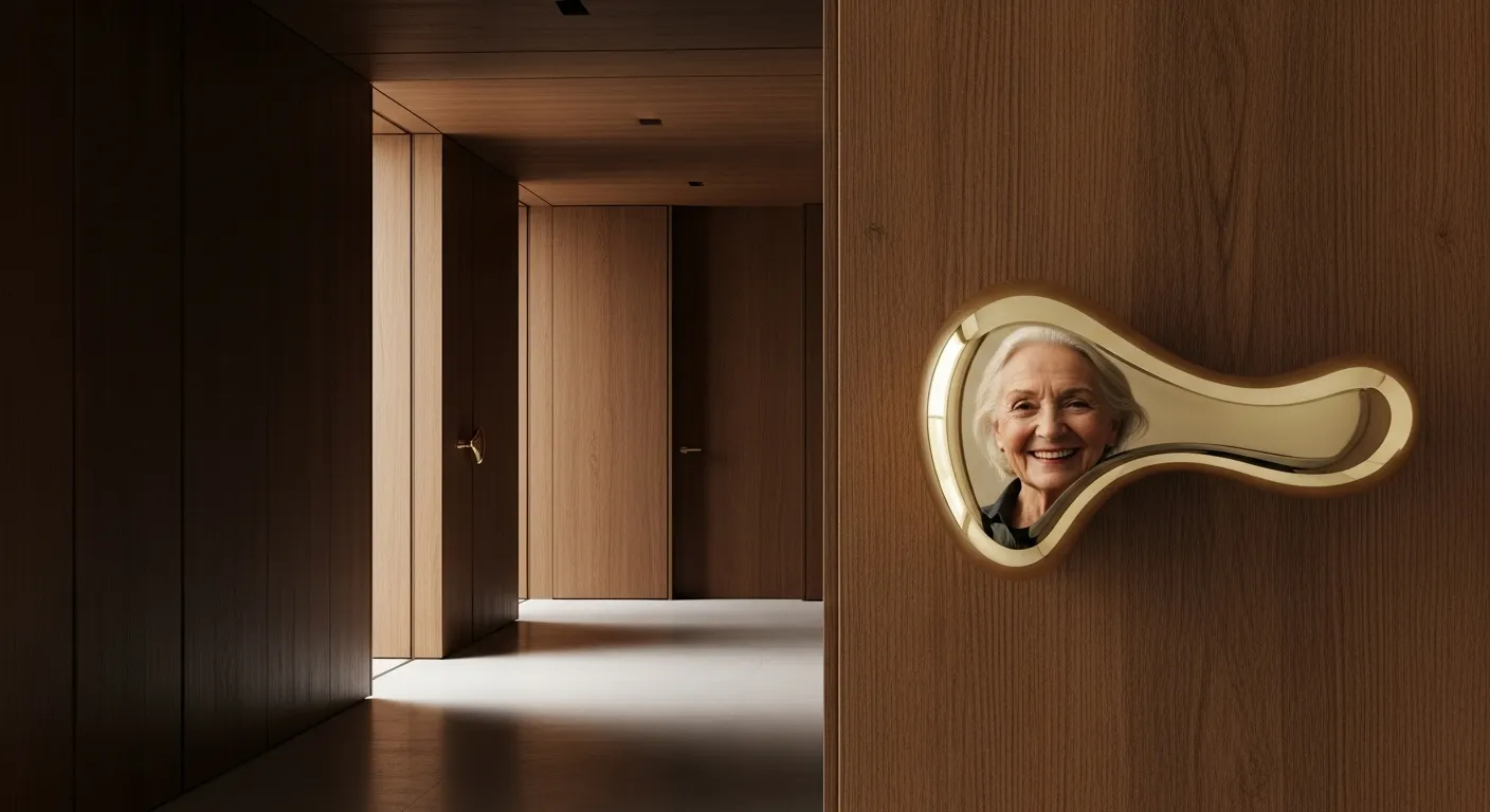 A wide view of a modern entryway where a large, polished brass door handle reflects the soft-focus, smiling face of an elderly person.