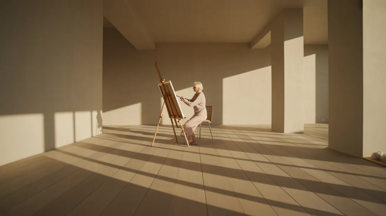 A senior woman paints in a spacious, modern bedroom filled with harsh sunlight, creating strong shadows on the light wood floors.