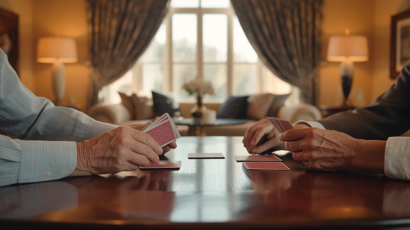 Close-up on hands playing cards, with a luxurious living room and elegant charcoal drapes softly blurred in the golden light of the background.