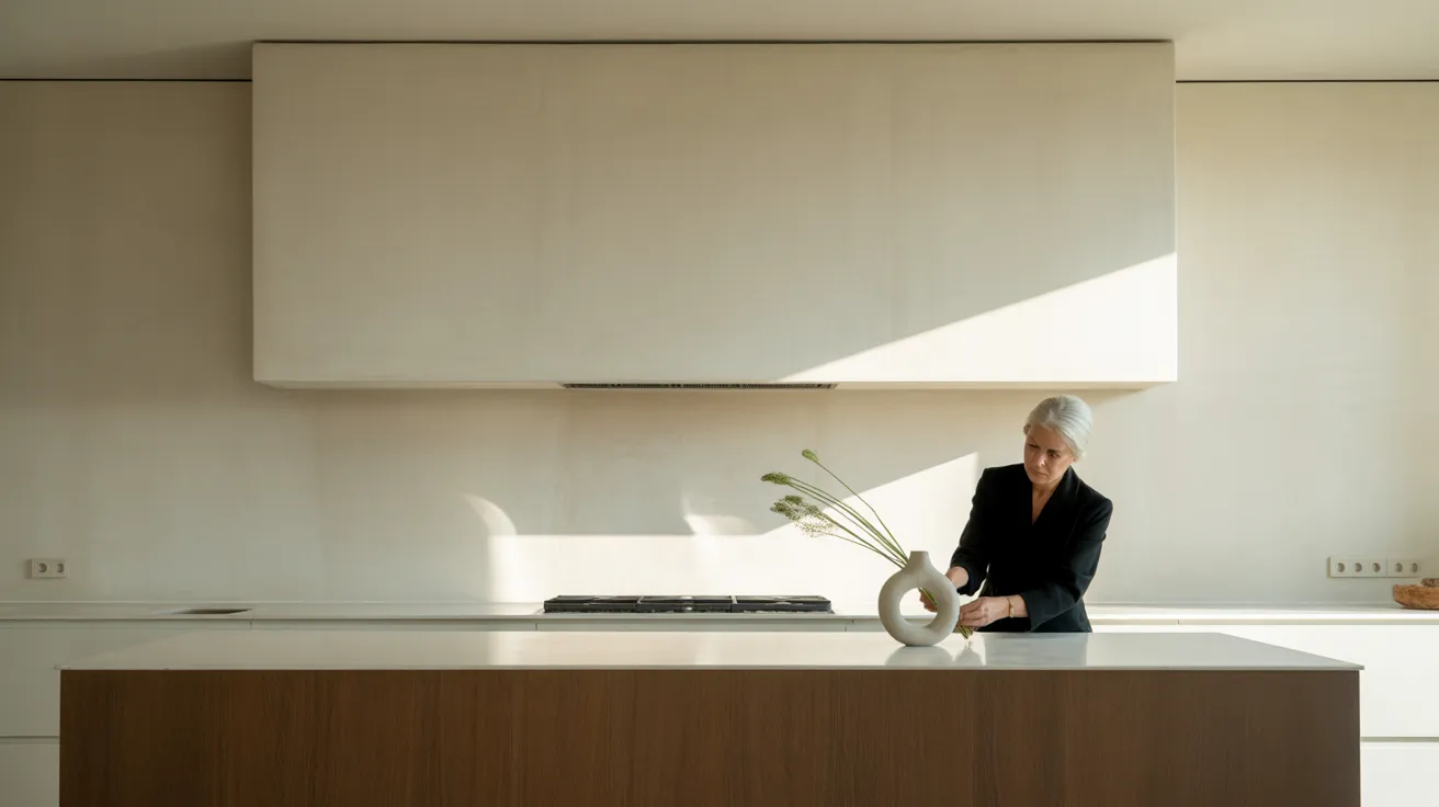 Low-angle ultra-wide view of a modern kitchen with a textured plaster wall, showing a senior woman arranging flowers at an island.