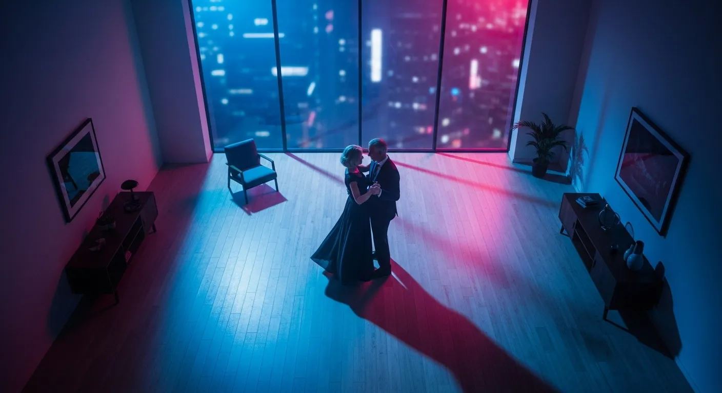 A top-down view of an elderly couple dancing in a dark living room, lit by colorful neon light from a window.