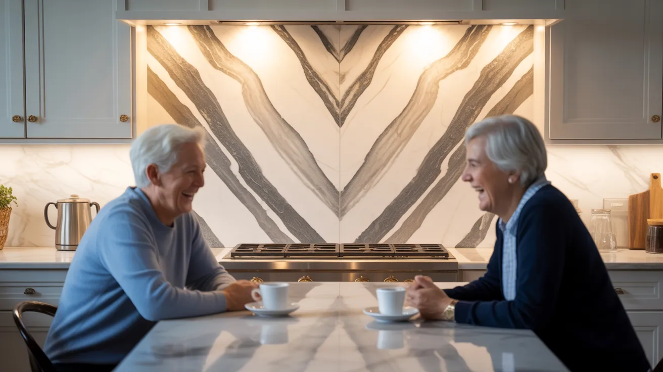A symmetrical view of a bookmatched marble backsplash behind a sleek cooktop. In the foreground, an older couple laughs joyfully at an island.