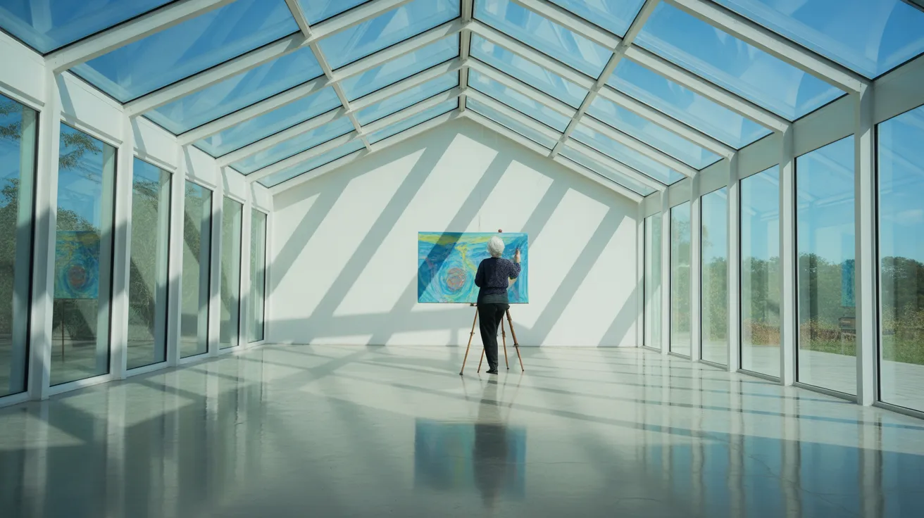 An elderly woman paints on a large canvas in a sun-drenched, modern atrium with floor-to-ceiling windows and stark architectural shadows.