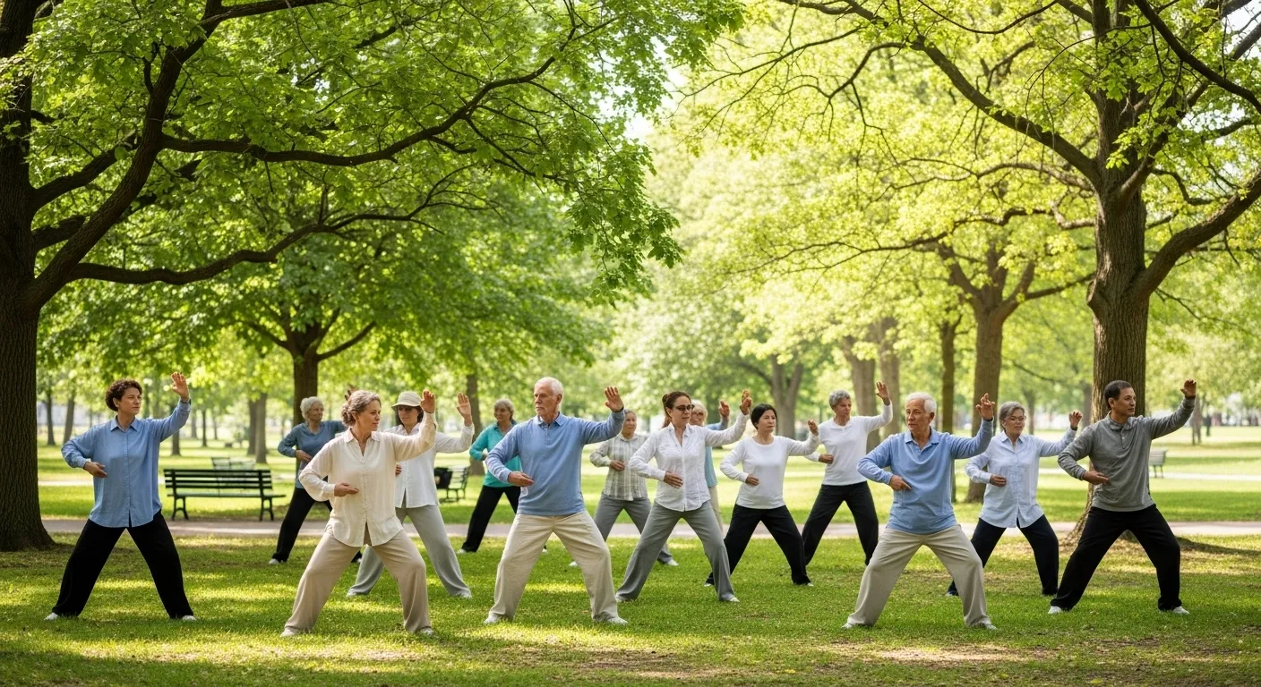 A wide view of a group of older adults performing slow, coordinated Tai Chi movements together in a verdant, tranquil park setting.