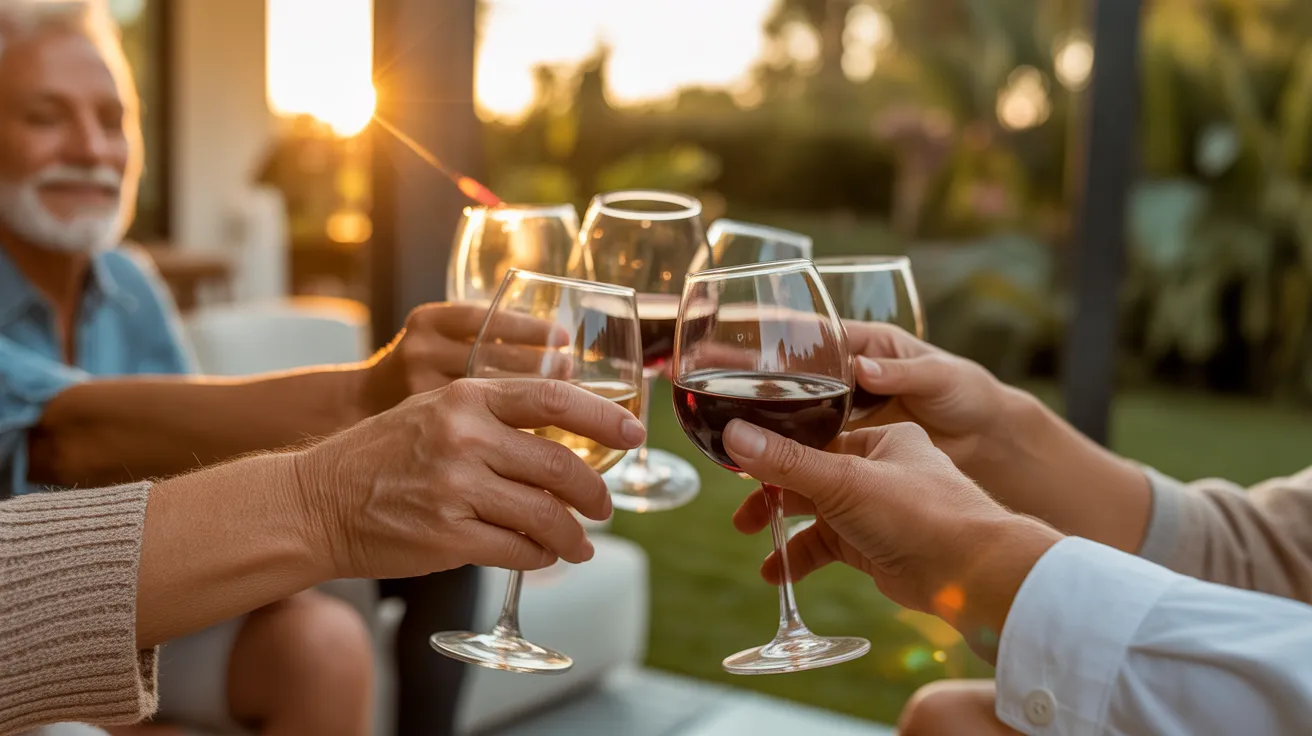 A close-up on the hands of several older friends clinking wine glasses together in a toast during a beautiful golden hour sunset.