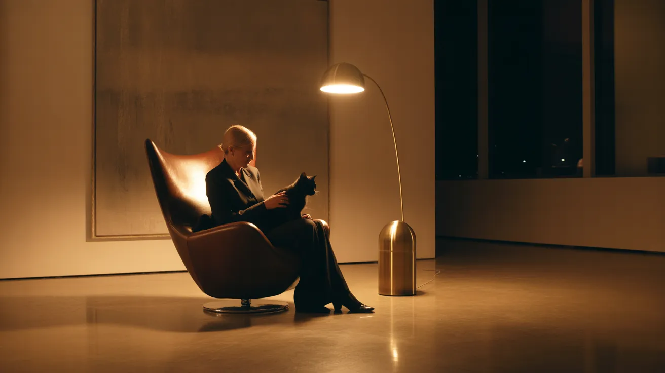 A senior woman in a leather armchair strokes a cat in a modern, art-filled living room illuminated by a warm floor lamp at night.