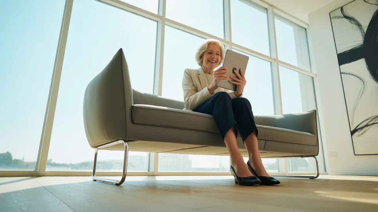 A low angle shot of a stylish senior woman on a gray sofa in a minimalist, sun-drenched room, smiling while looking at a tablet.