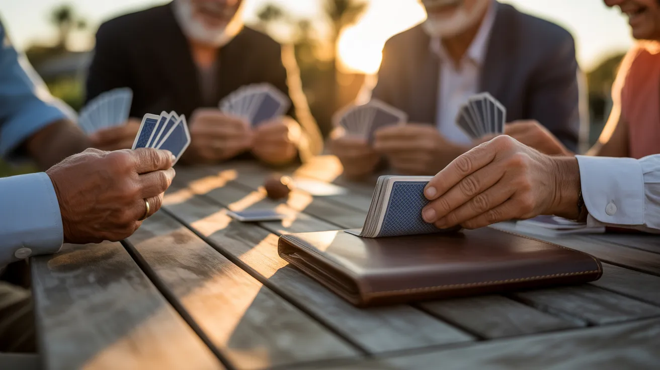 A close-up shot of the hands of seniors playing a card game on an outdoor table at sunset, with a scorepad nearby.