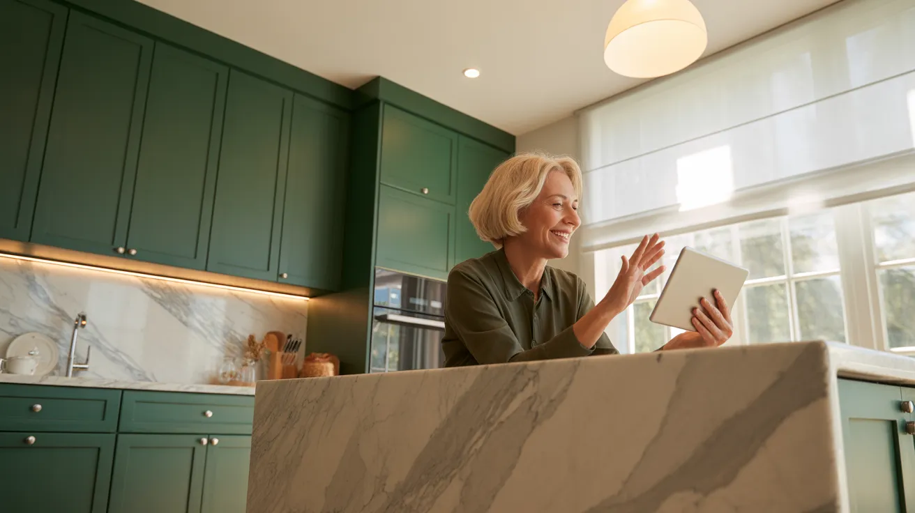 A senior woman on a video call in a spacious, modern green and marble kitchen, brightly backlit by a large window.