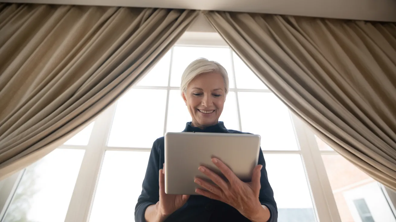 A low-angle shot of an elegant senior woman video calling on a tablet in a bright living room with timeless, floor-length neutral curtains.