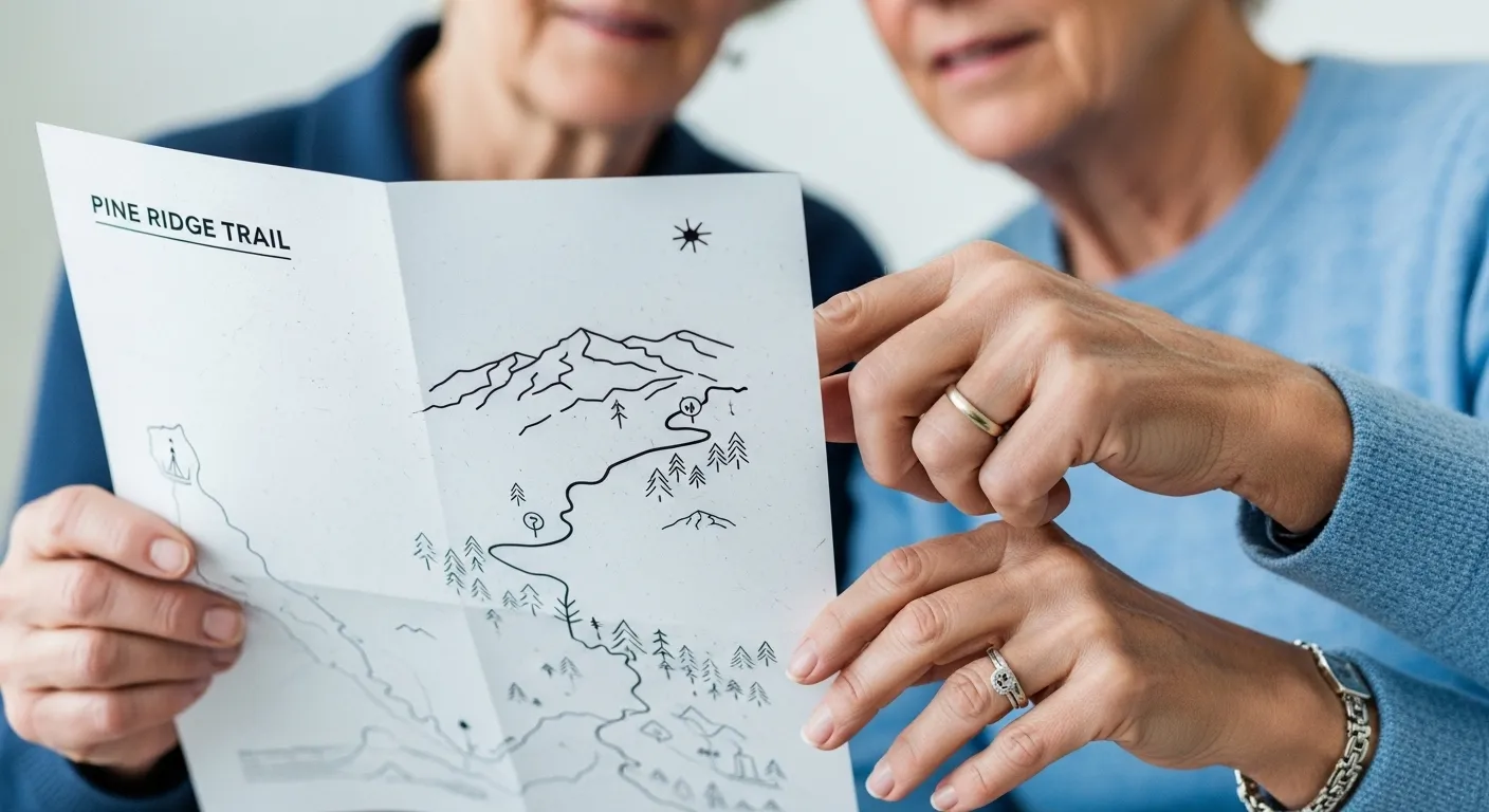 An over-the-shoulder view of an older couple's hands examining a modern, stylized map under cool, bright office lighting.