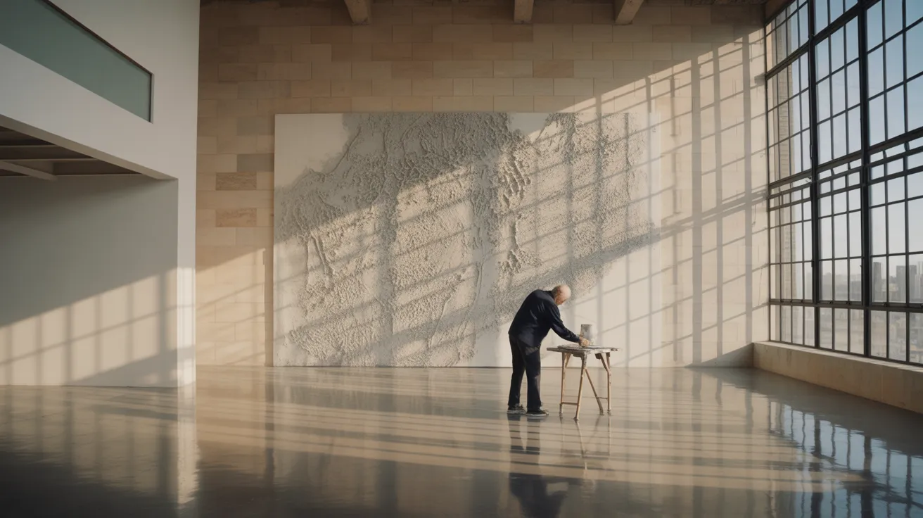 An ultra-wide view of a sunlit artist's loft with a senior painting at an easel. The room has textured stone walls and a concrete floor.