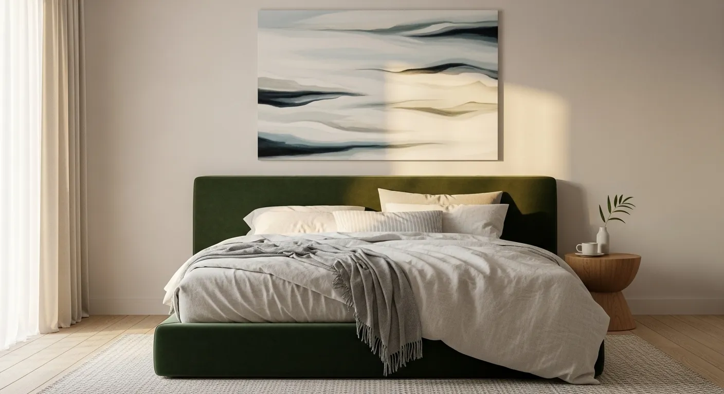 A wide view of a minimalist bedroom with a green velvet headboard and linen bedding, illuminated by soft morning light.