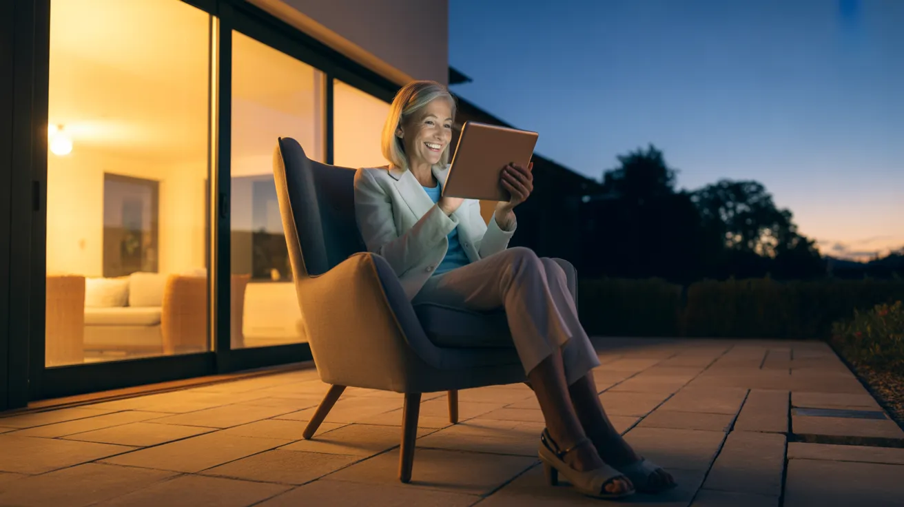 A senior woman in a modern armchair on an outdoor patio at dusk, smiling at a tablet she holds. She is backlit by a warm window.