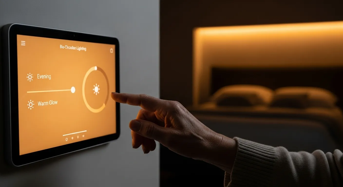 Close-up on a smart home tablet displaying a lighting control interface, with an older person's hand resting nearby. The room has a warm, cozy glow.