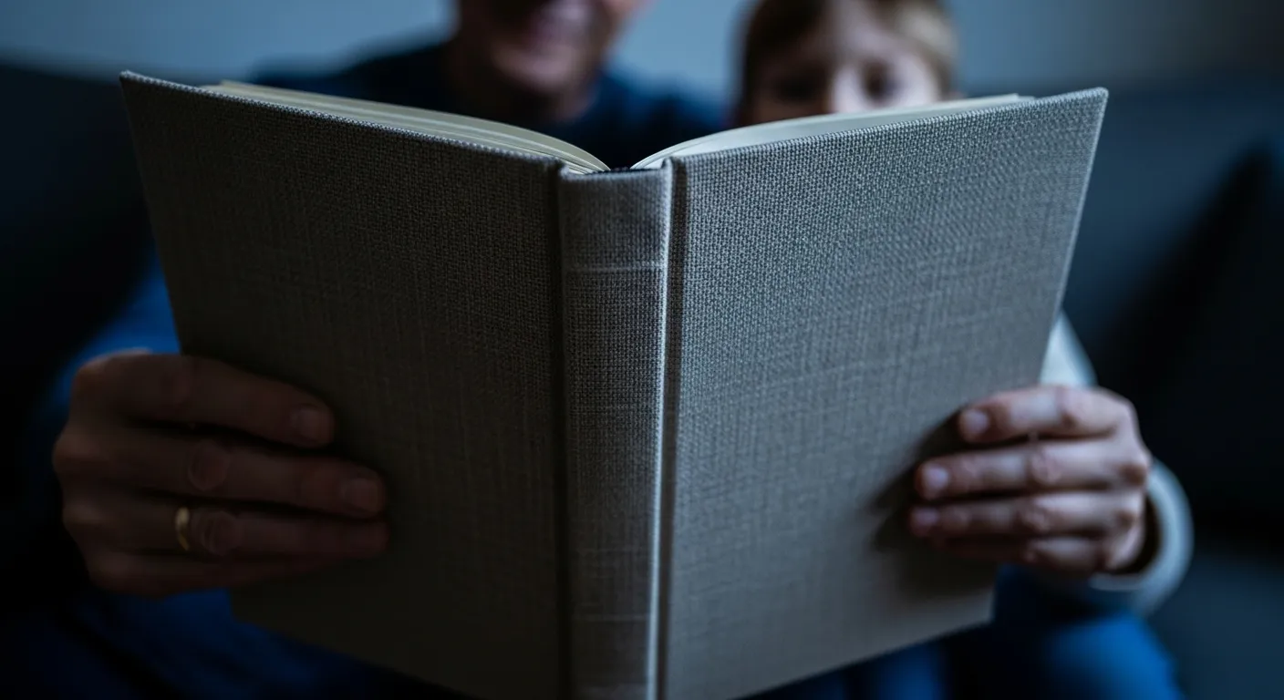 An extreme close-up of an elderly hand and a child's hand resting together on a textured, clothbound book in cool, evening light.