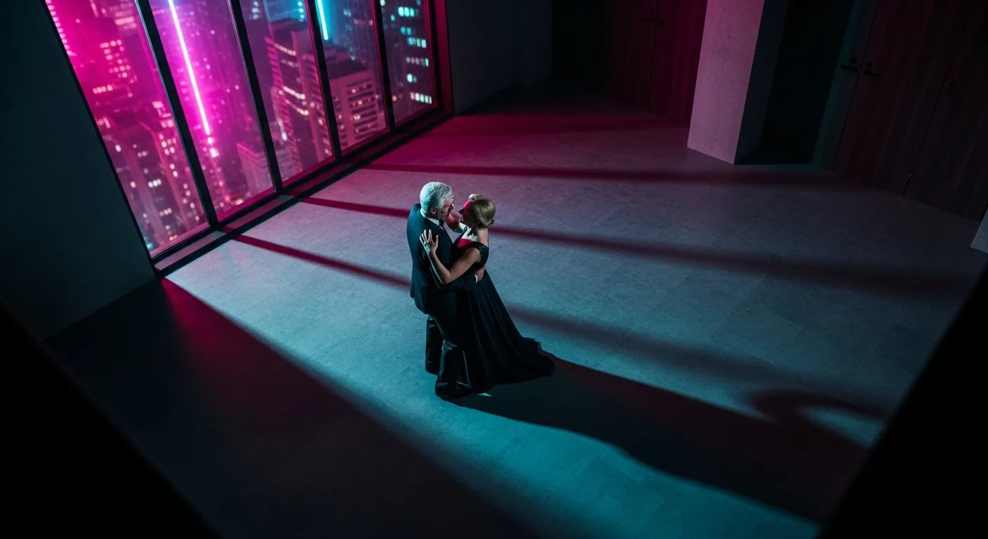 An overhead view of an older couple dancing in a dark room, bathed in the colorful light of neon signs from a large window.