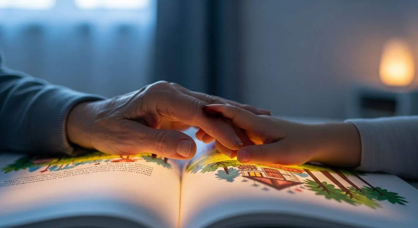 A close-up of a grandparent's and child's hands on a storybook page, which is warmly illuminated at twilight.