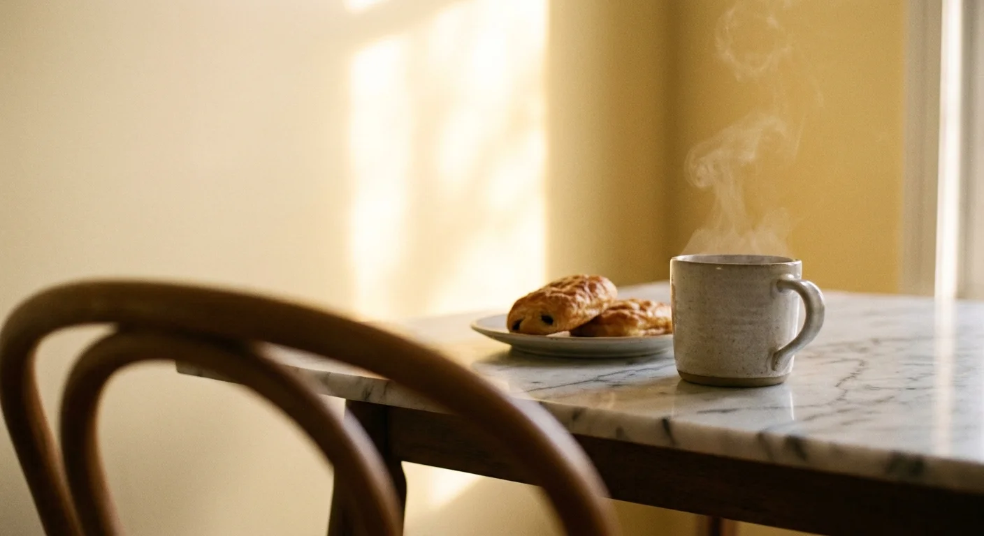 A breakfast nook with soft buttermilk yellow walls, featuring a coffee mug on a marble table in morning light.