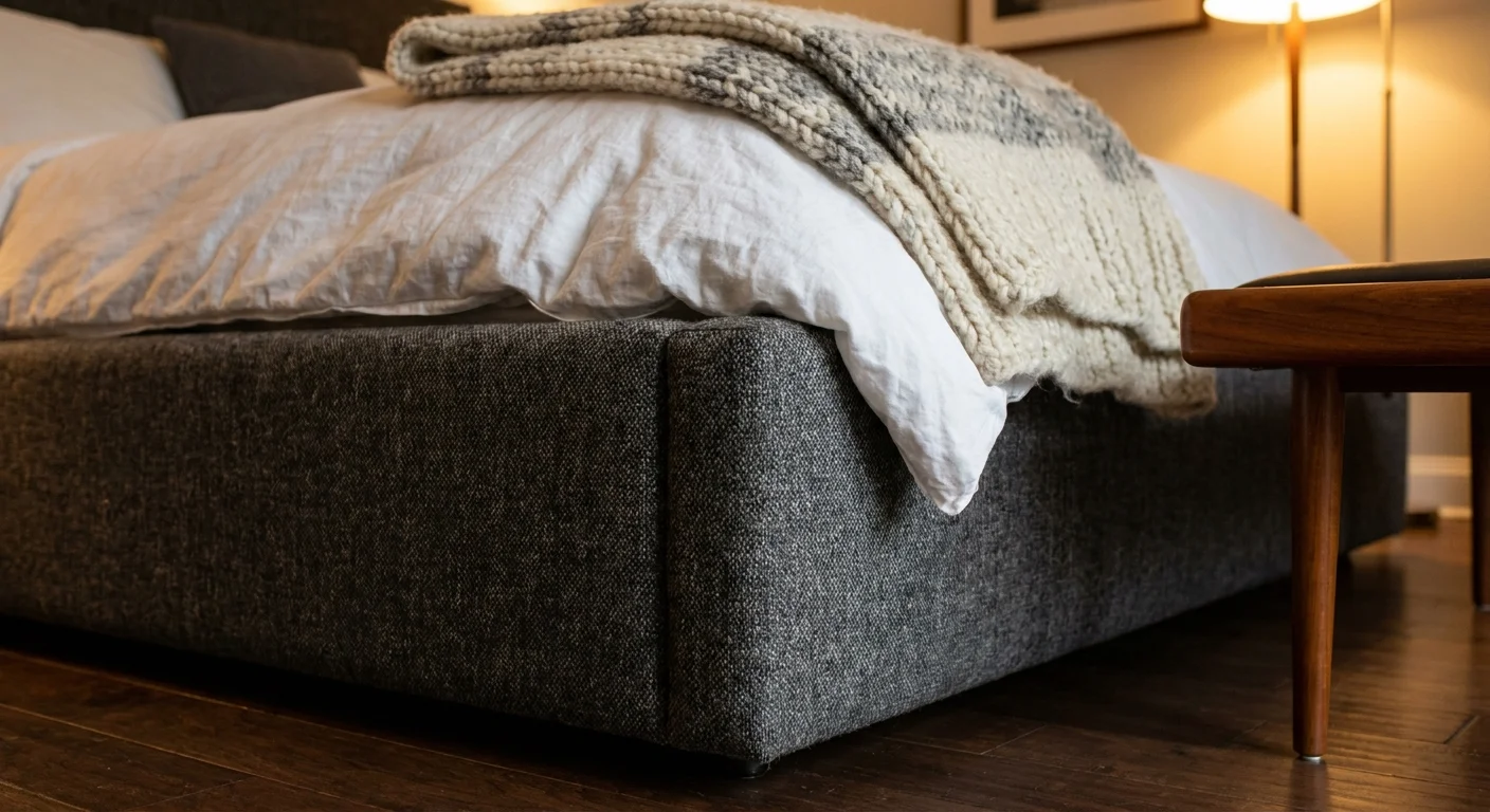 A close-up of a stylish upholstered bed frame that conceals an adjustable ergonomic base.