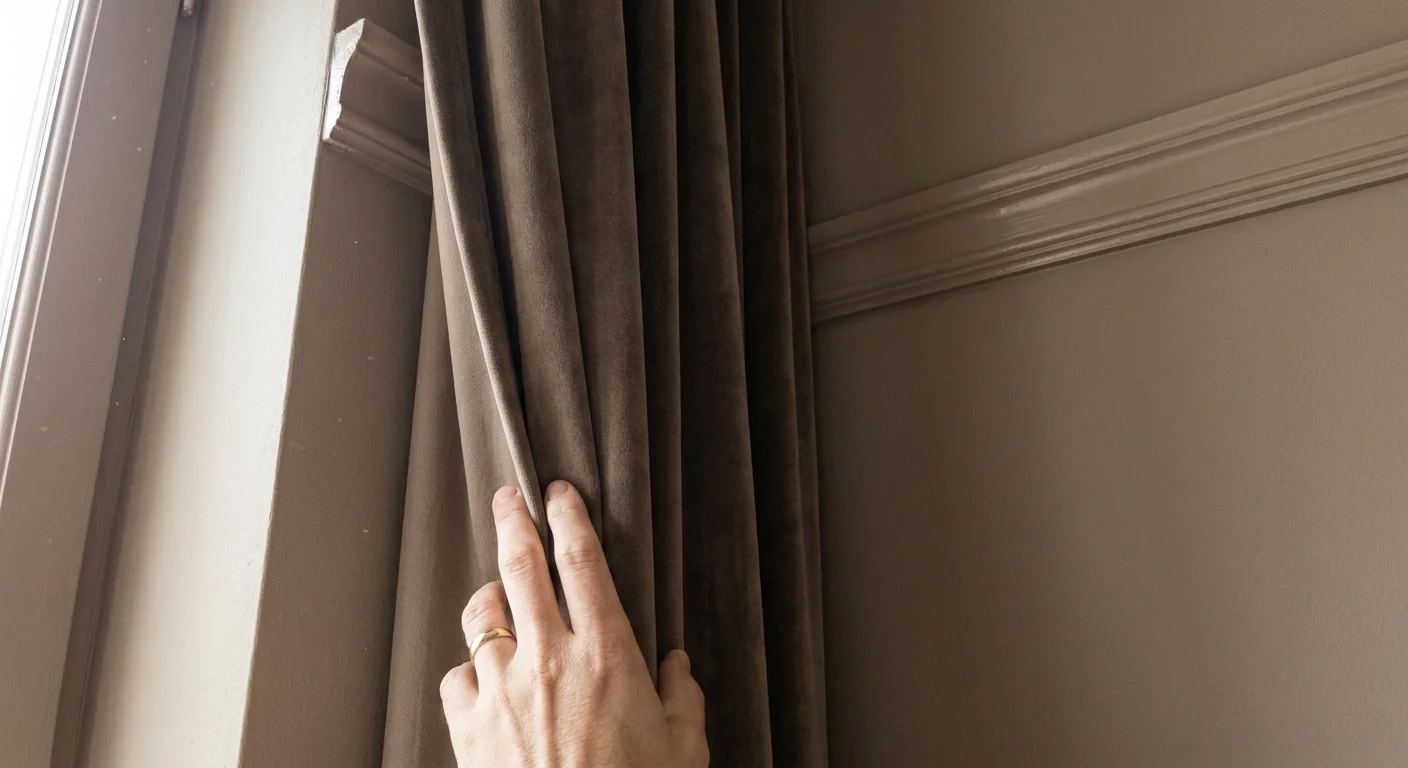 A close-up of a taupe wall and matching trim showing the color drenching technique with velvet curtains.