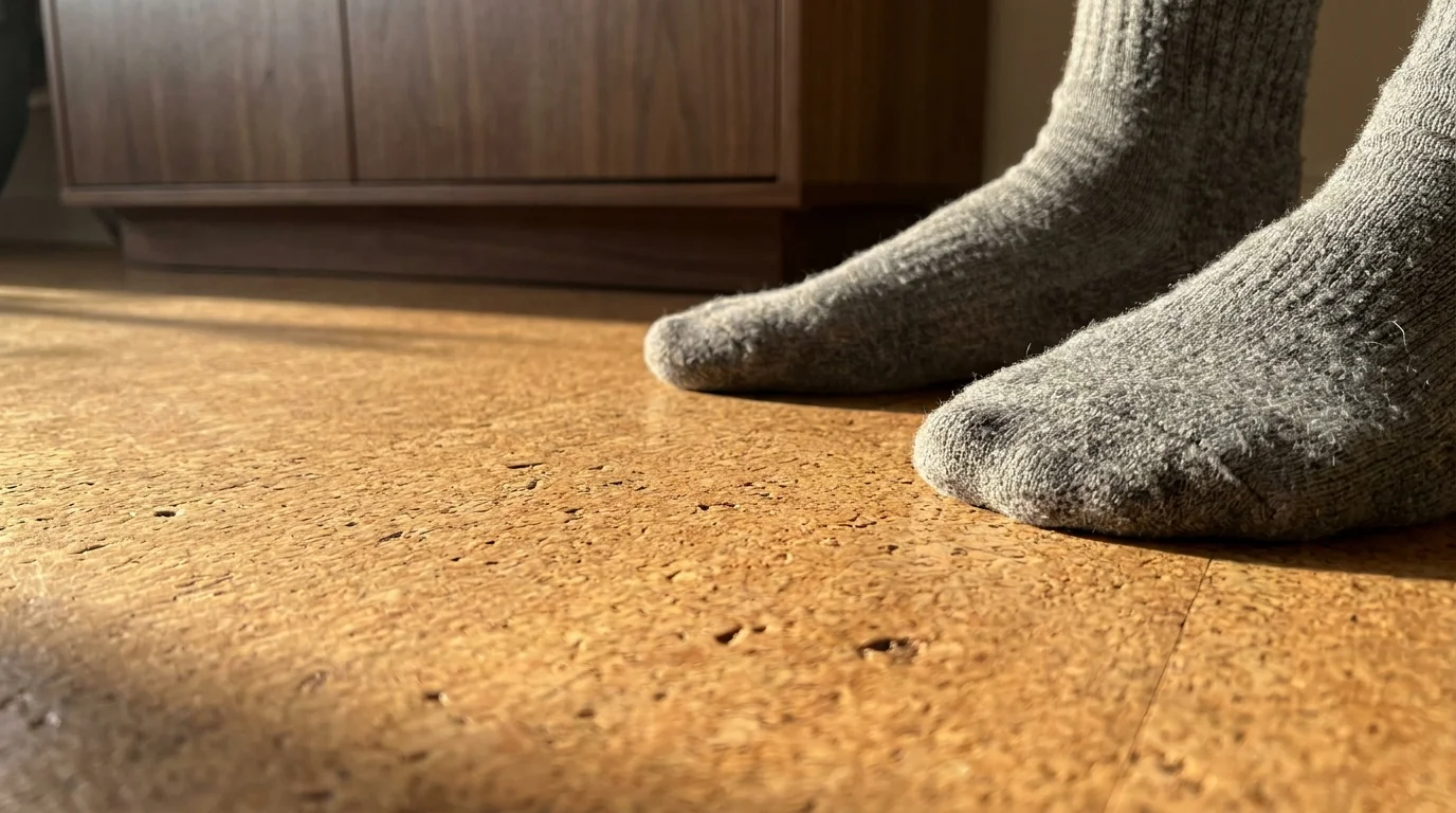 A close-up of feet in wool socks on a textured cork floor, showing the material's soft and slip-resistant quality.