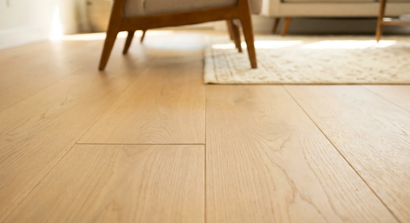 A close-up shot of continuous wood flooring running between two rooms without a transition strip.