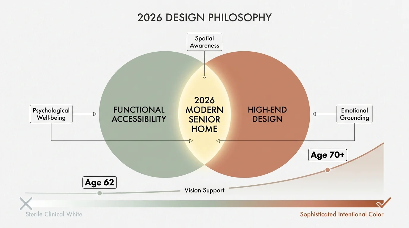 A conceptual diagram showing the intersection of functional accessibility and high-end design for 2026 senior living.