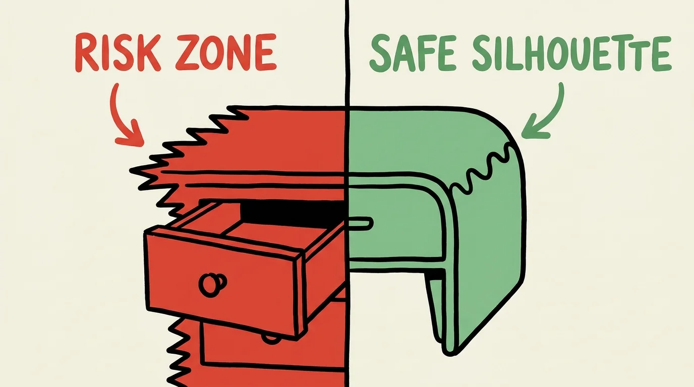 A conceptual illustration comparing a sharp, dangerous furniture corner with a safe, rounded silhouette.