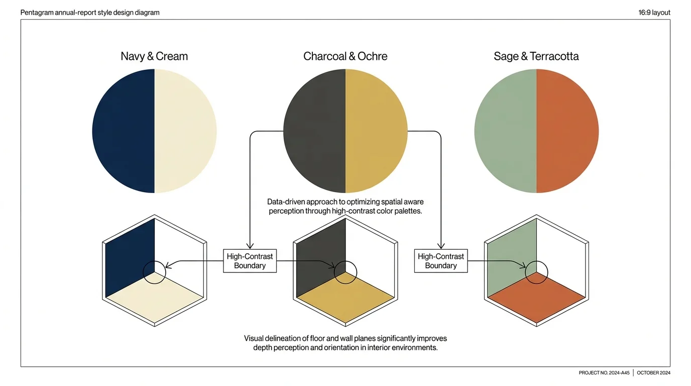 A design diagram showing high-contrast color palettes like Navy and Cream to help with room navigation.
