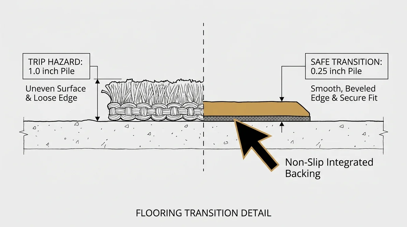 A diagram comparing a thick trip-hazard rug with a safe, low-profile 0.25-inch pile rug.