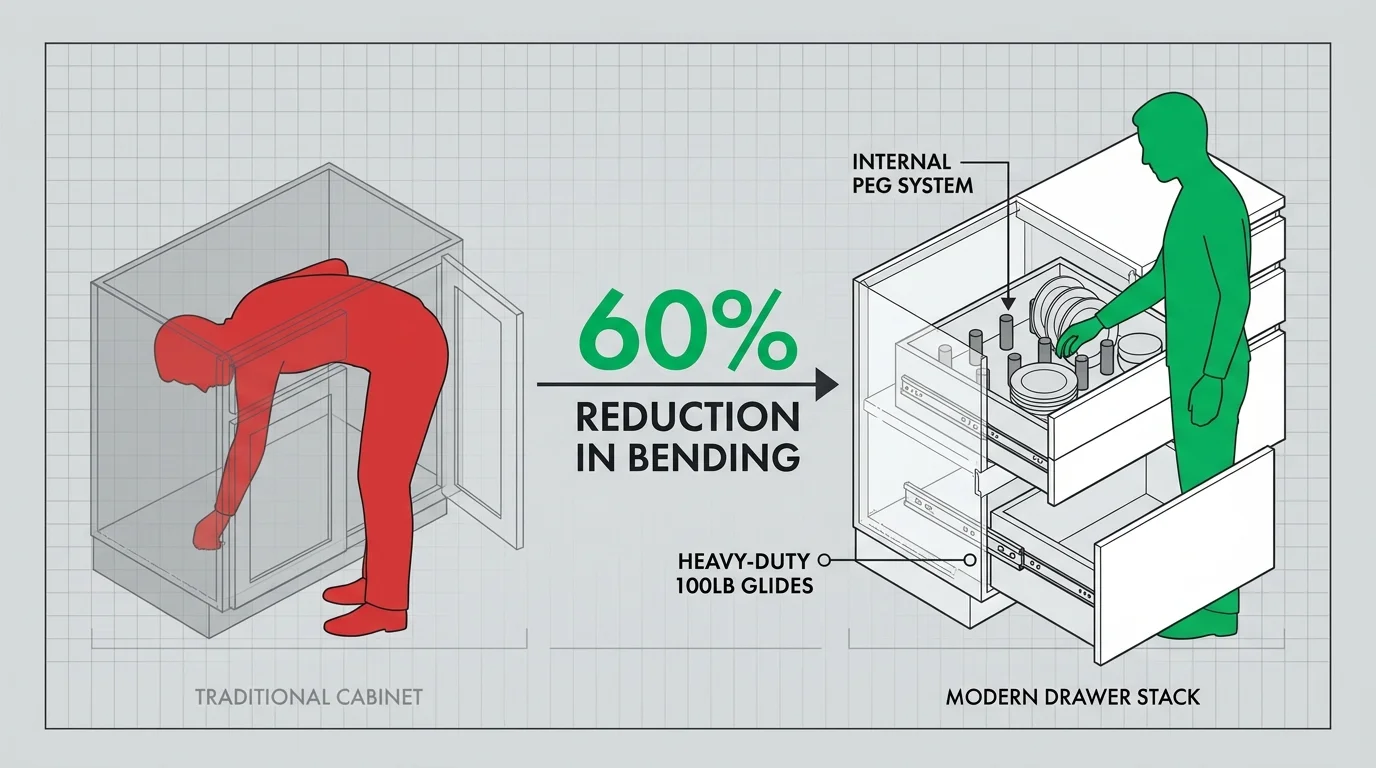 A diagram comparing traditional lower cabinets to heavy-duty drawers, highlighting a 60 percent reduction in bending for the user.