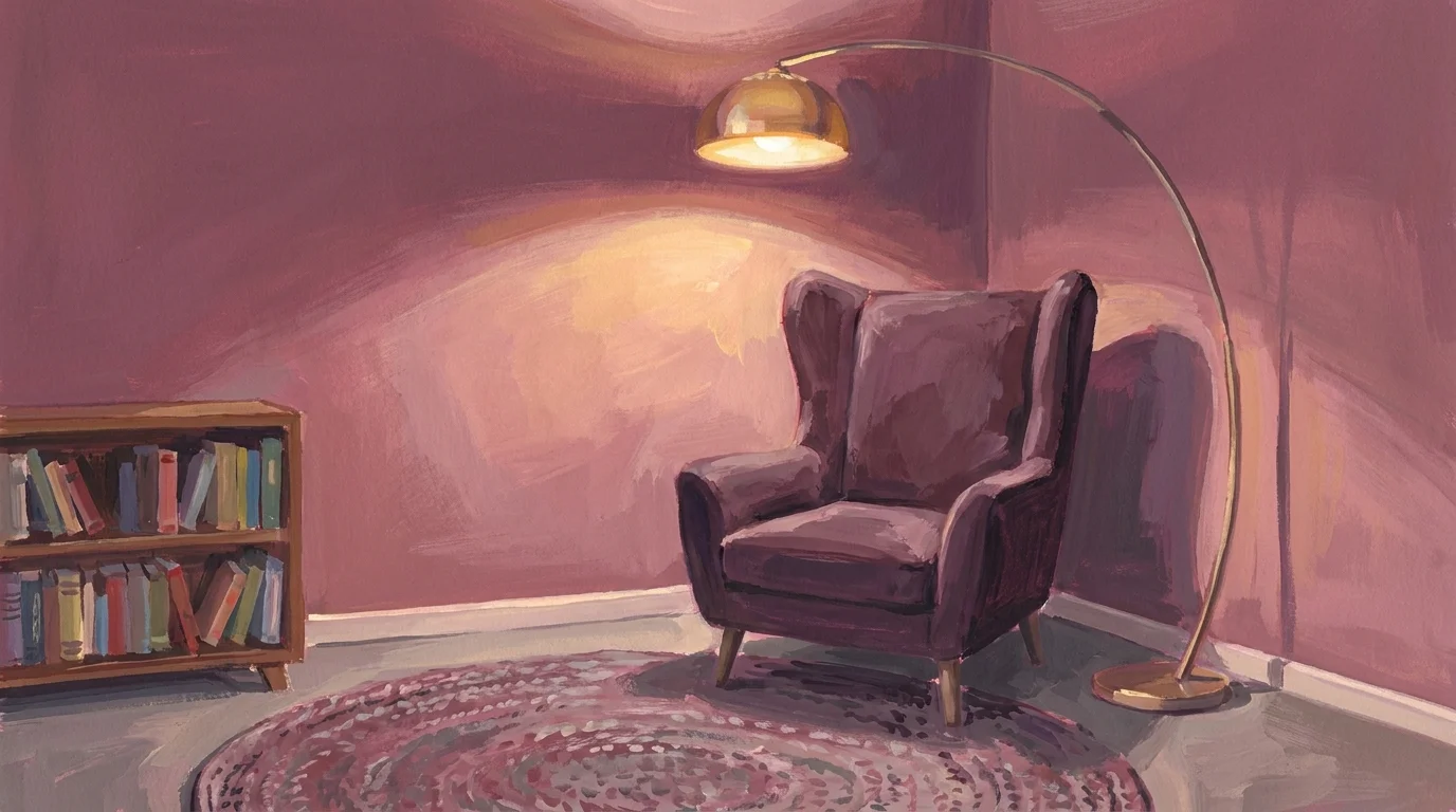A gouache illustration of a cozy reading corner with plum furniture and muted berry walls.