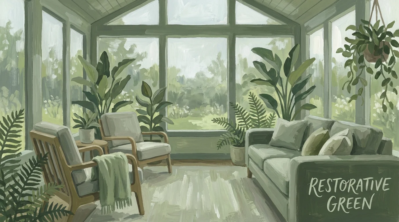 A gouache painting of a sunroom decorated in sage and olive greens, with a focus on biophilic design.
