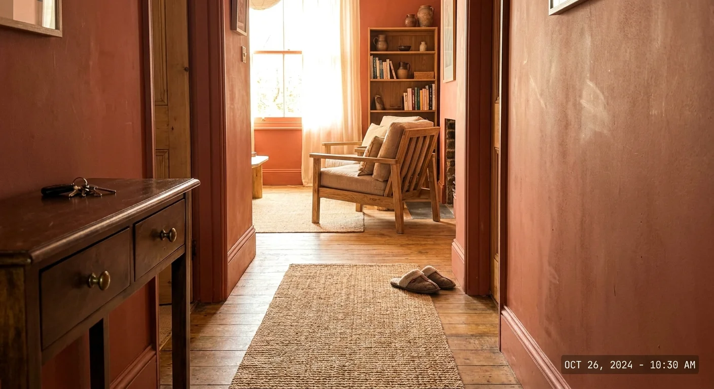 A hallway with warm terracotta walls that diffuse bright sunlight, featuring brass accents and wooden furniture.