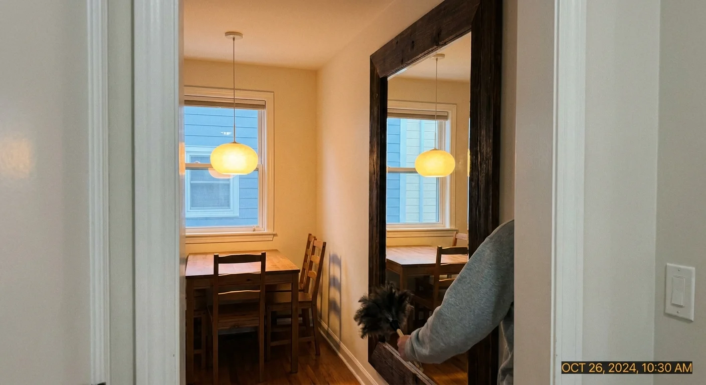 A large floor-to-ceiling mirror in a dining area reflecting a window and light fixture to create depth.