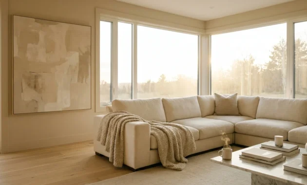 A light-filled, modern living room with low-profile furniture and a monochromatic color scheme that creates a sense of openness.