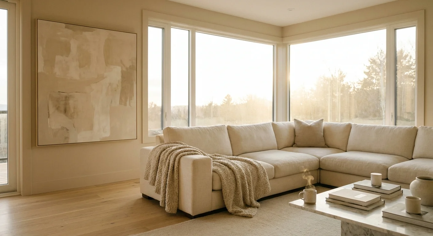 A light-filled, modern living room with low-profile furniture and a monochromatic color scheme that creates a sense of openness.