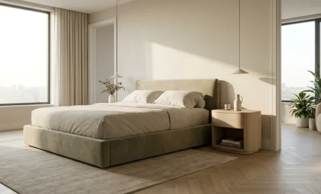 A luxurious and accessible modern bedroom with a low-profile bed, curved furniture, and soft natural lighting.
