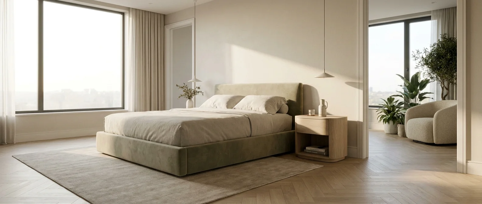 A luxurious and accessible modern bedroom with a low-profile bed, curved furniture, and soft natural lighting.